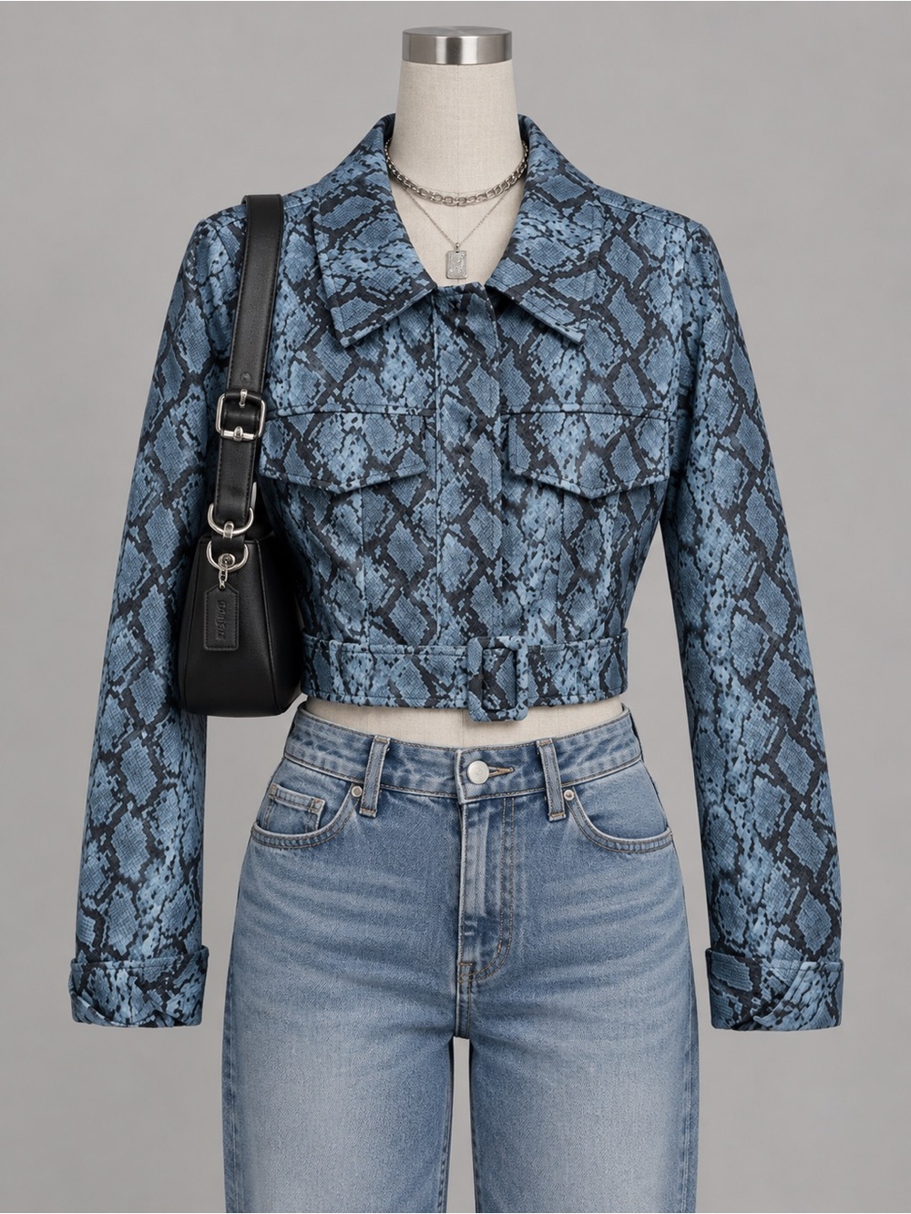 NOIZE Blue Snake Print Cropped Trucker/ Biker Jacket with Dual Chest Pockets